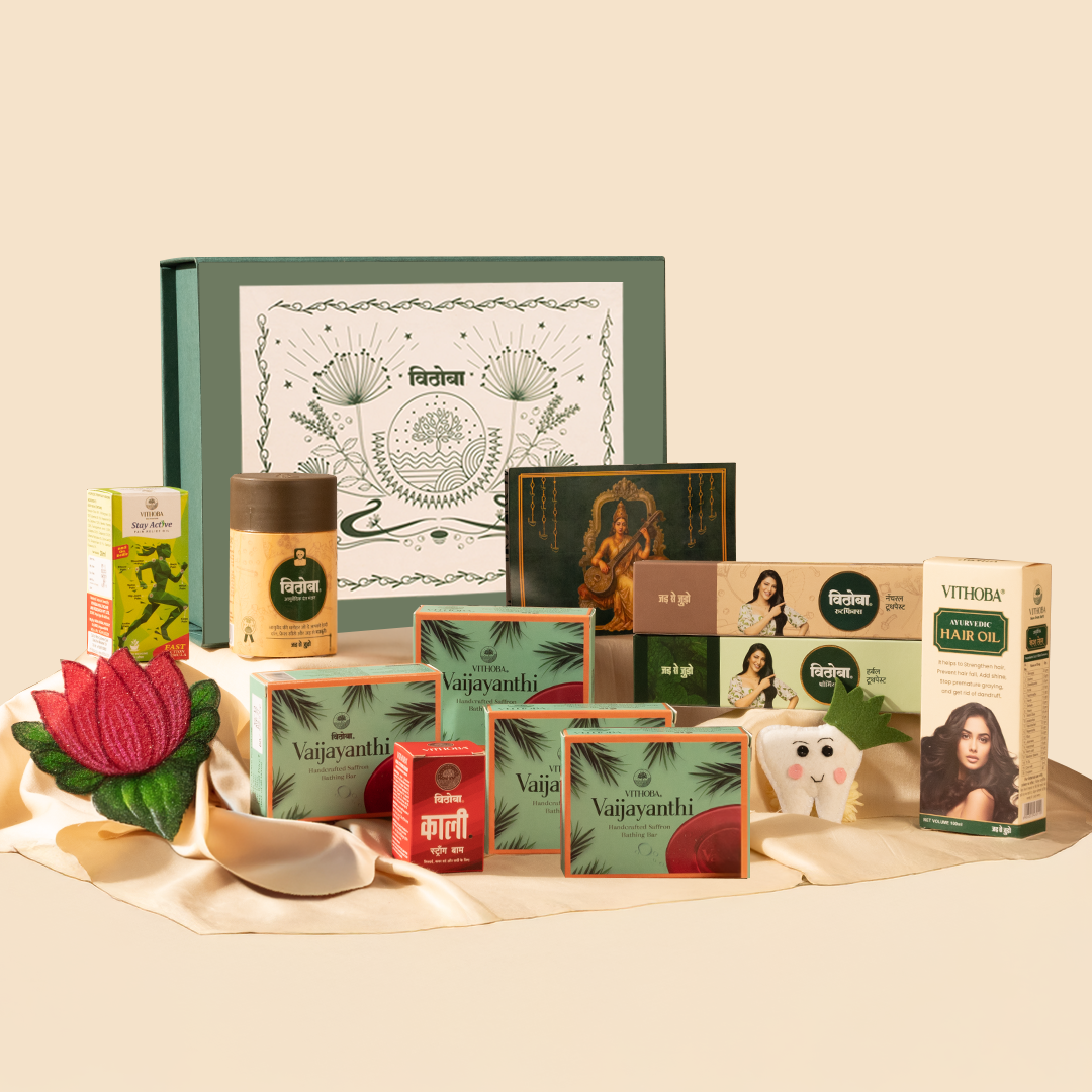 Vithoba Family Wellness Hamper - Dant Manjan 80g + Premium Toothpaste 150g + Rootfix Toothpaste 150g + Vaijayanti Soap 75g x 4 + Hair Oil 100ml + Pain Oil 30ml + Pain Balm + Diwali Exclusive Elements