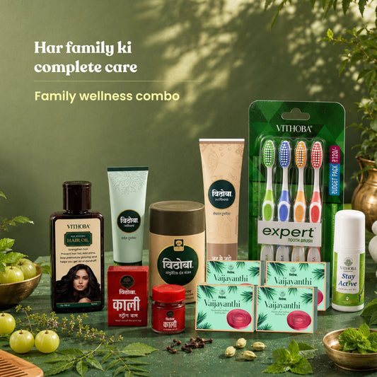 Vithoba Family Wellness Hamper - Tooth Powder 80g + Premium Herbal Toothpaste 150g + Rootfix Natural Toothpaste 150g + Vaijayanthi Soap 75g x 4 + Ayurvedic (Kesh) Hair Oil 100ml + Stay Active Pain Relief Oil 30ml + Kaali Strong Balm + Free Toothbrush