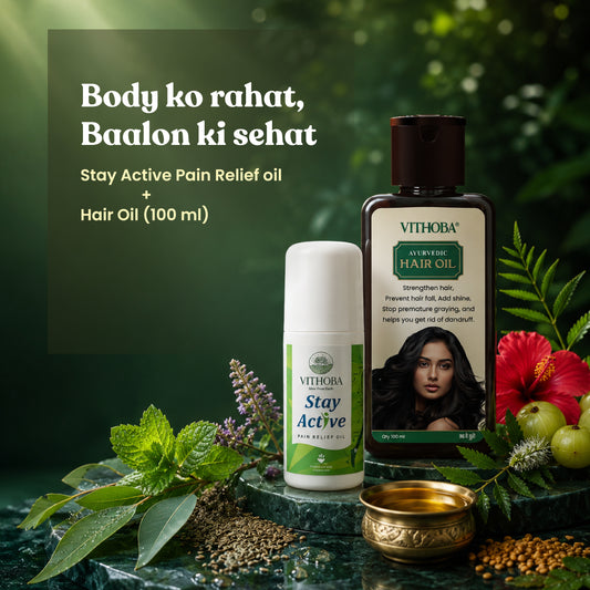 Vithoba Stay Active Pain Relief Roll-On Oil + Ayurvedic Kesh Hair Oil (100ml) Combo | Body Relief & Hair Care