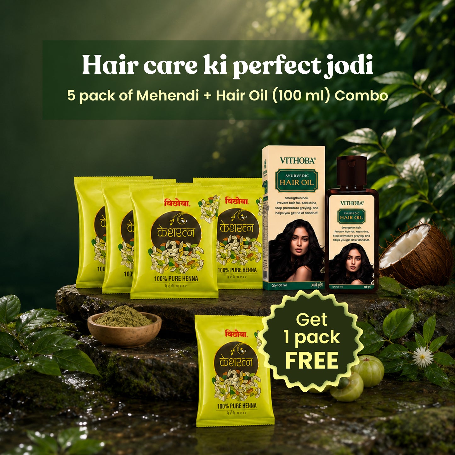 Vithoba Keshratna Mehendi + Ayurvedic Kesh Hair Oil Combo | Herbal Hair Care Kit | 5+1 Mehendi + 100ml Hair Oil