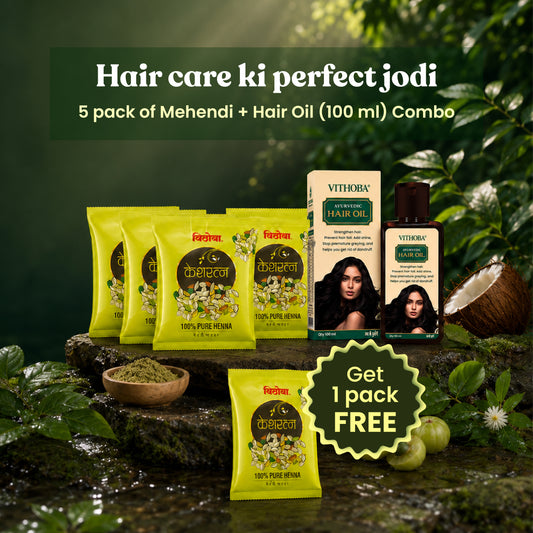 Vithoba Keshratna Mehendi + Ayurvedic Kesh Hair Oil Combo | Herbal Hair Care Kit | 5+1 Mehendi + 100ml Hair Oil