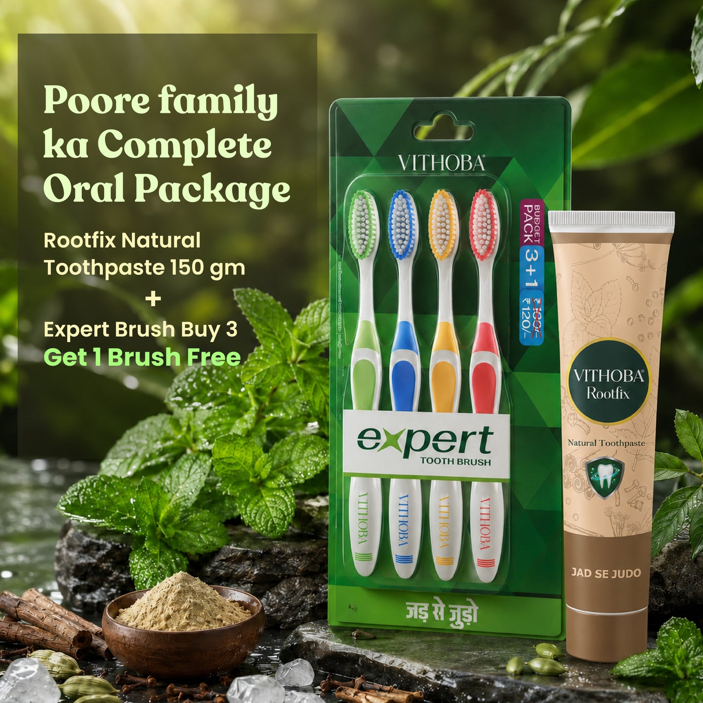 Vithoba Rootfix Natural Toothpaste 150g | 3+1 Toothbrush Pack