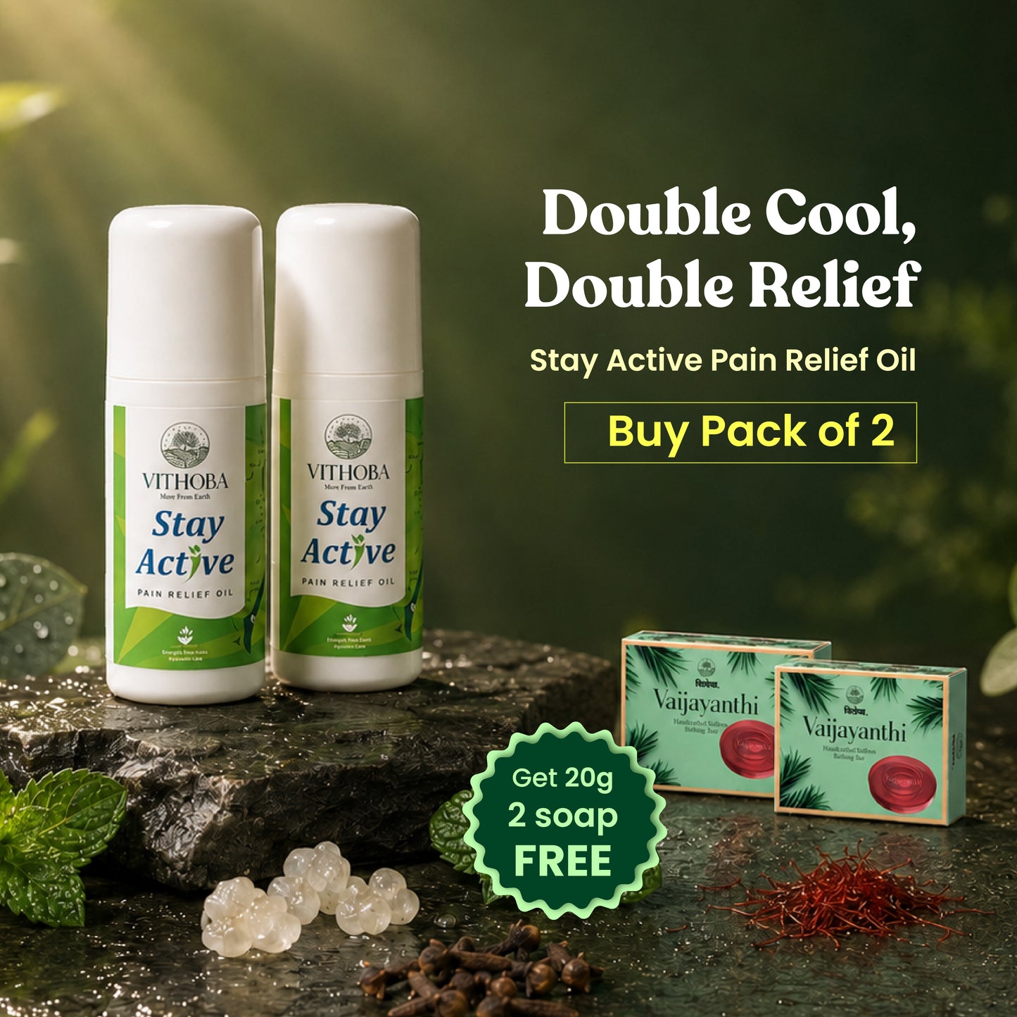 Vithoba Stay Active Pain Relief Roll On Oil | Herbal Roll On Oil | Pack of 2 + Free Herbal Soap (20g x 2)