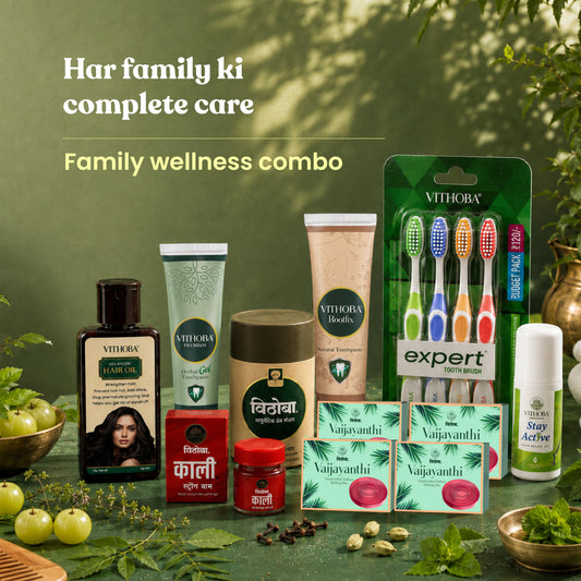 Vithoba Family Wellness Hamper - Tooth Powder 80g + Premium Herbal Toothpaste 150g + Rootfix Natural Toothpaste 150g + Vaijayanthi Soap 75g x 4 + Ayurvedic (Kesh) Hair Oil 100ml + Stay Active Pain Relief Oil 30ml + Kaali Strong Balm + 3+1 Toothbrush Pack