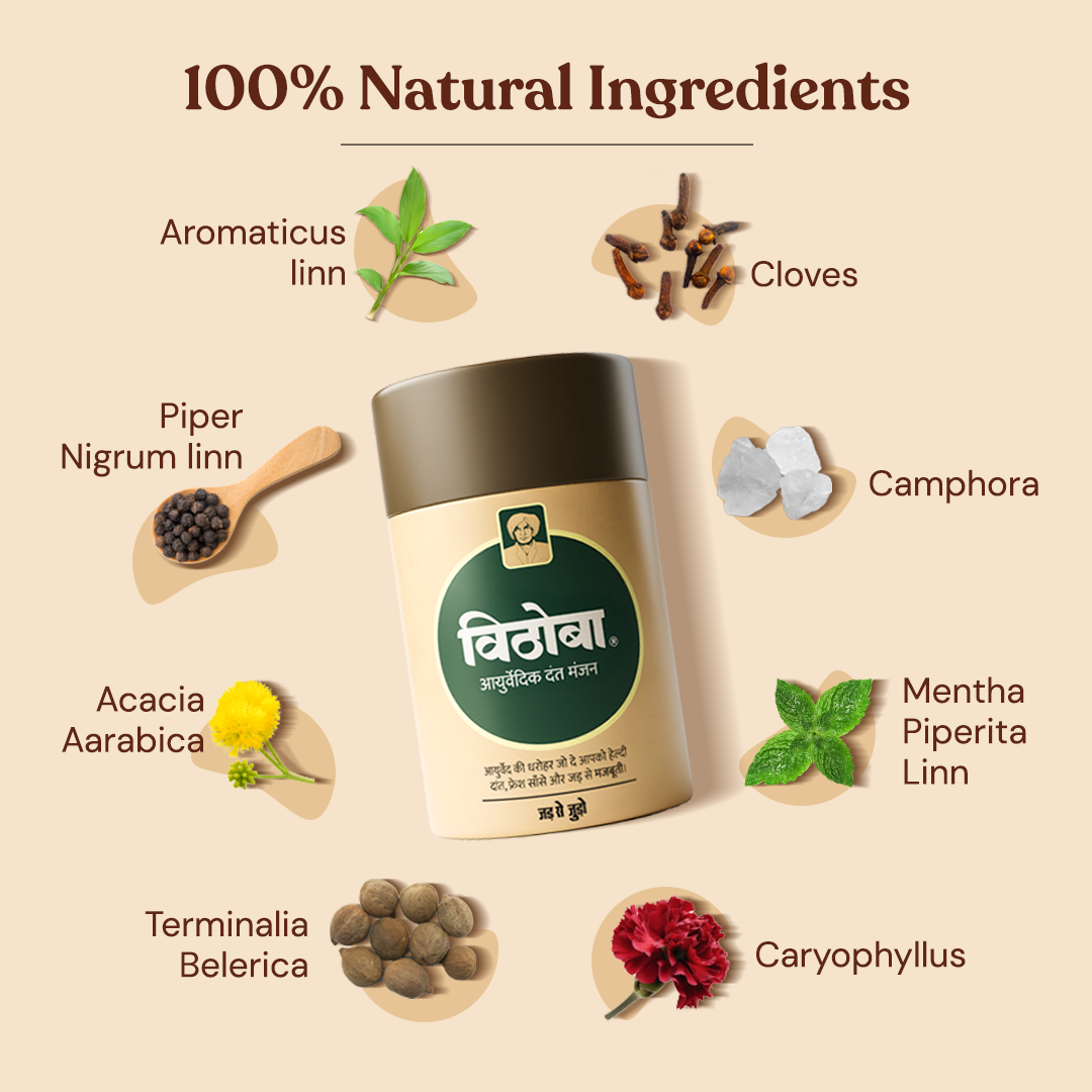 Vithoba Ayurvedic Dant Manjan 80g + Ayurvedic Kesh (Hair) Oil 100 ml + Vaijayanthi Handcrafted Saffron Soap Bar 75g