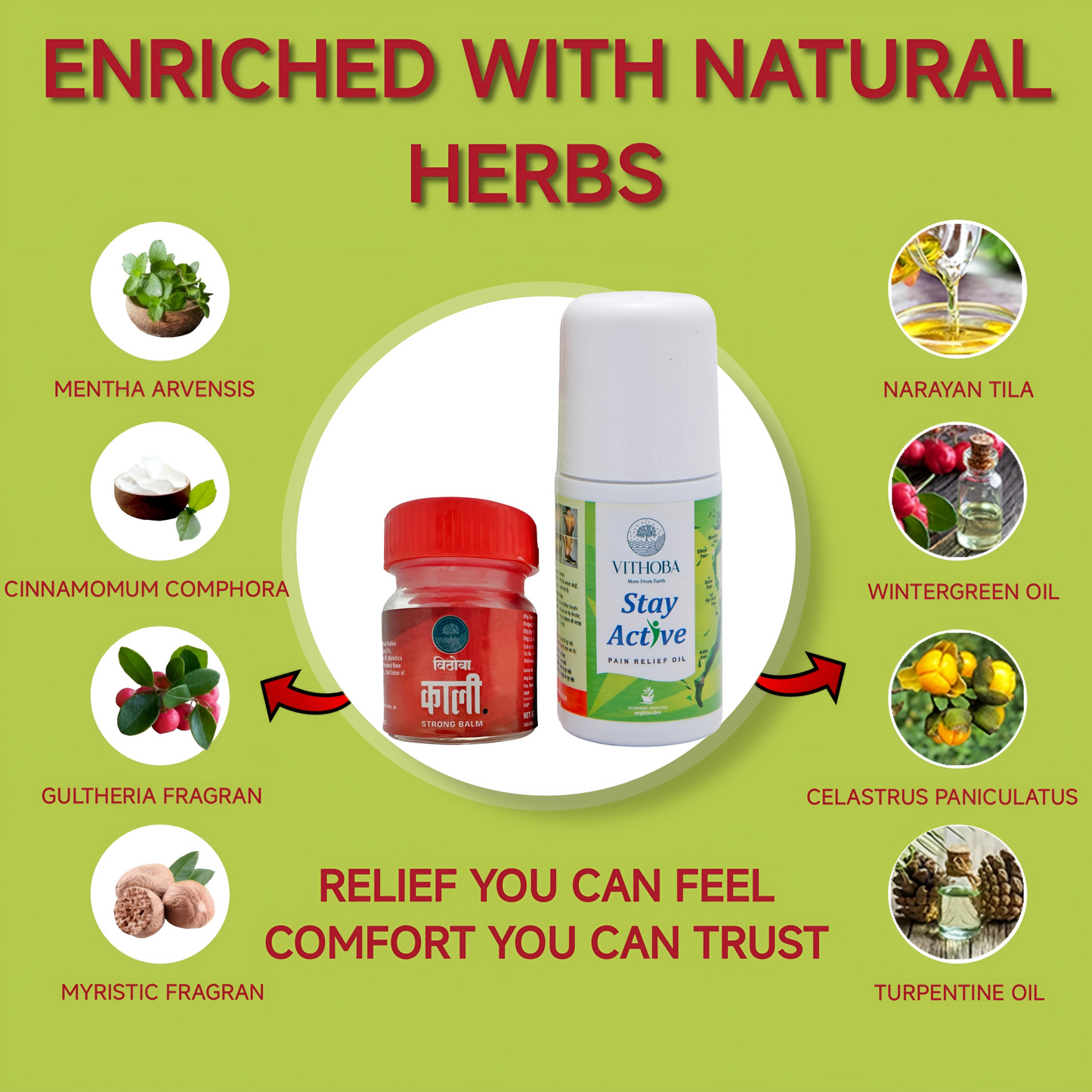 Health and wellness Combo | Vithoba Stay Active Pain Relief Roll On Oil 60ml & Vithoba KAALI Strong Balm 10Gram
