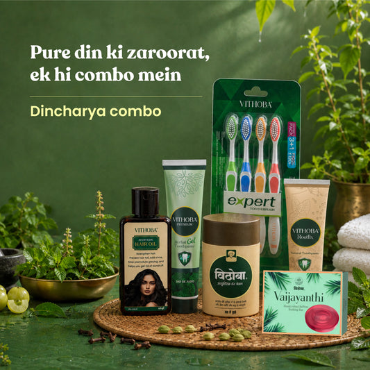 Dincharya Combo - Power Saver Pack (Premium Herbal Toothpaste 80g + Rootfix Natural Toothpaste 80g + Dant Manjan 80g + Hair Oil 100ml + Vaijayanthi Handcrafted Soap 75g) | 3+1 Toothbrush Pack