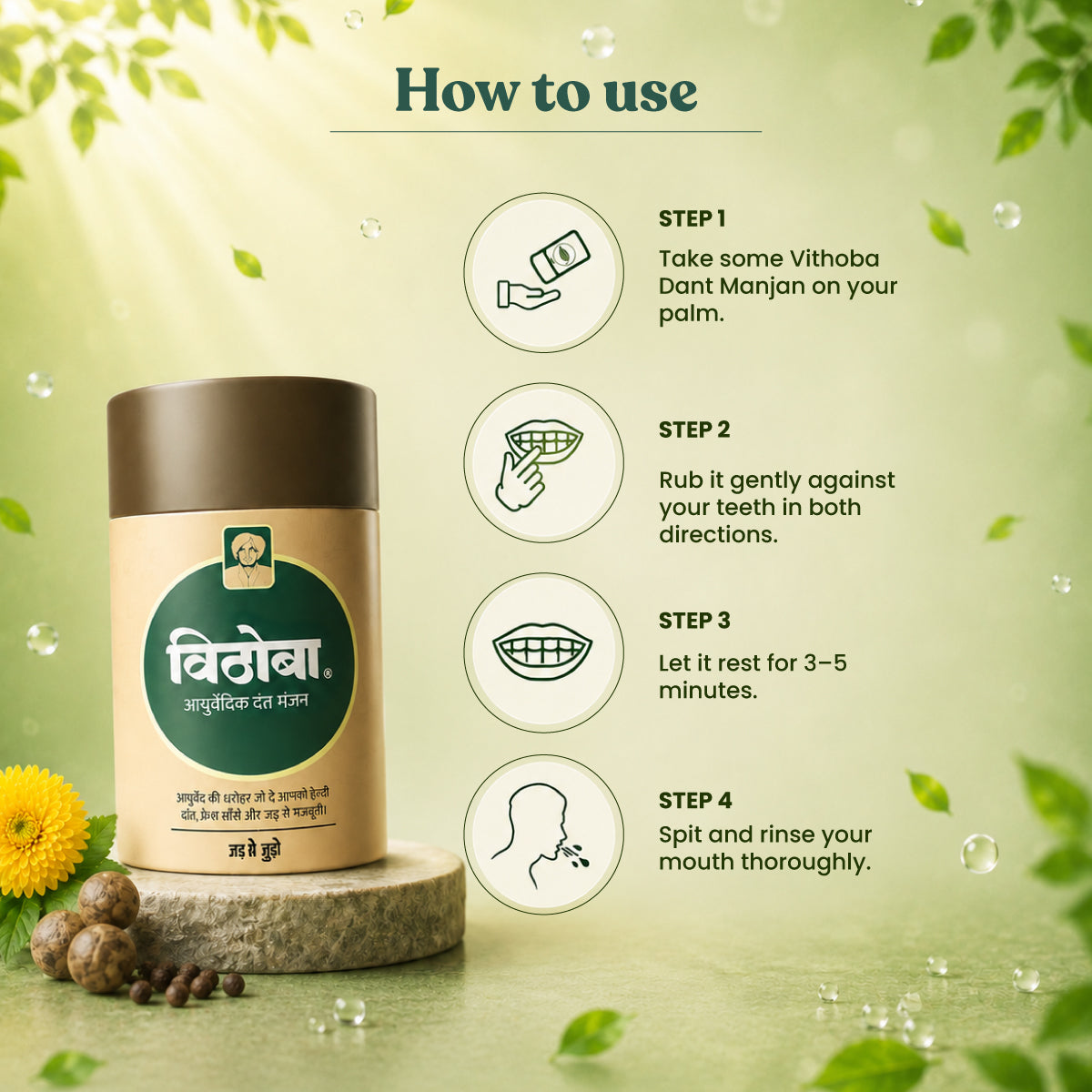 Vithoba Family Wellness Hamper - Tooth Powder 80g + Premium Herbal Toothpaste 150g + Rootfix Natural Toothpaste 150g + Vaijayanthi Soap 75g x 4 + Ayurvedic Hair Oil 100ml + Stay Active Pain Relief Oil 30ml + Kaali Strong Balm | 3+1 Toothbrush Pack