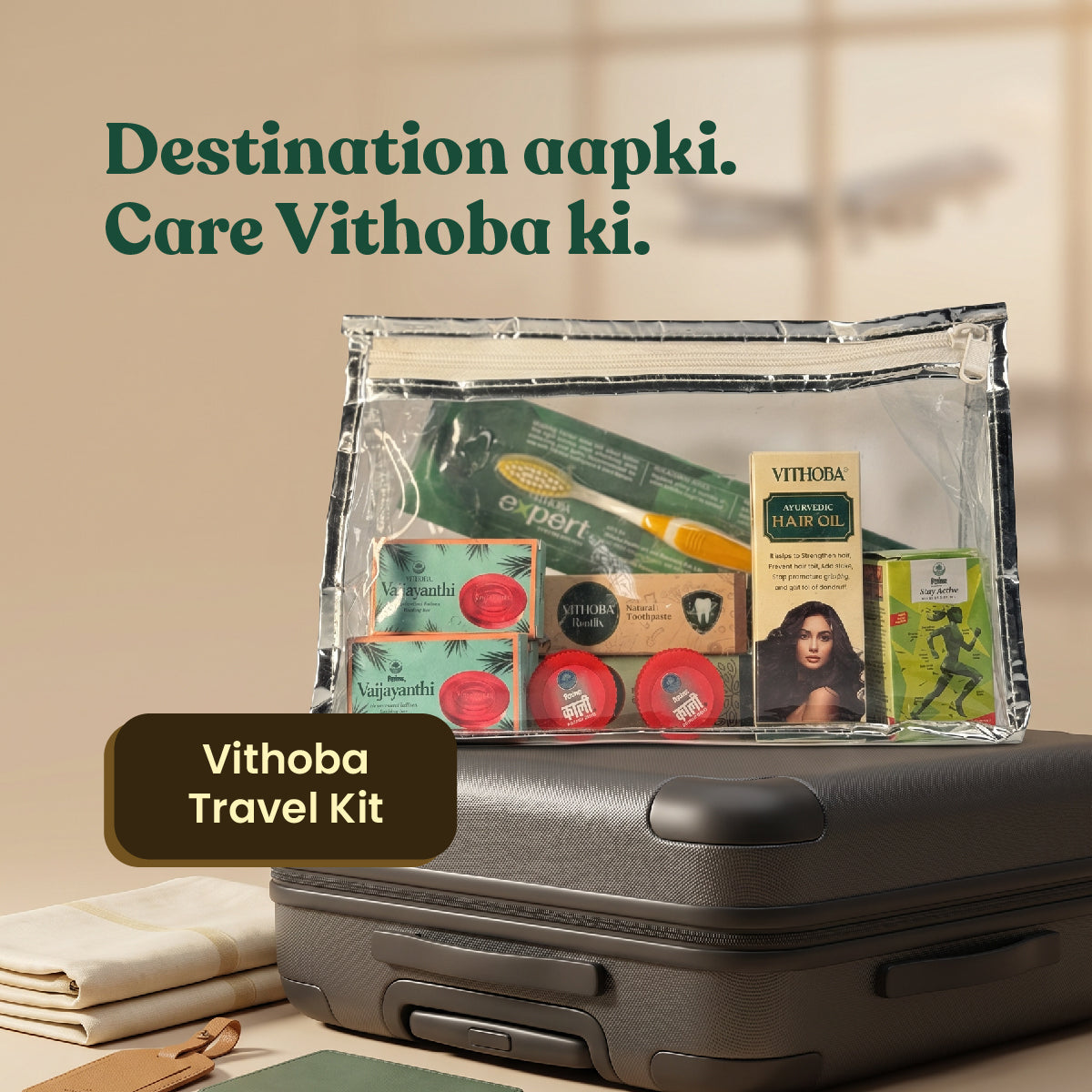 Vithoba Travel Essentials Kit with Pouch - Hair Oil 50ml + Pain Relief Oil 15ml + Kaali Balm 5g x 2 + Toothpaste combo 40g + Vaijayanthi Soap 20g x 3 + Toothbrush | Men & Women