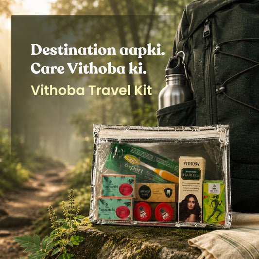Vithoba Travel Essentials Kit with Pouch - Hair Oil 50ml + Pain Relief Oil 15ml + Kaali Balm 5g x 2 + Toothpaste combo 40g + Vaijayanthi Soap 20g x 3 + Toothbrush | Men & Women